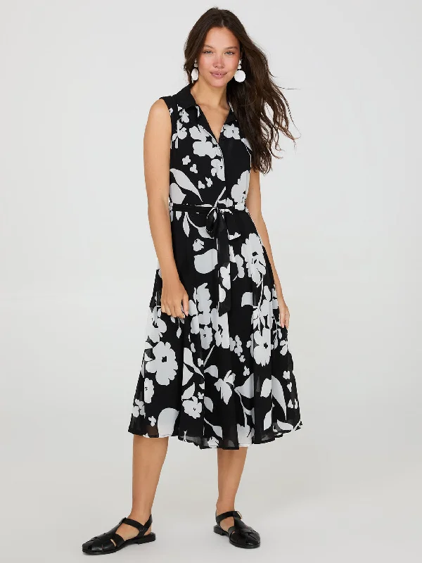 Sleeveless Floral Print Button-Front Midi Dress Cozy Ribbed Knit Midi Dress