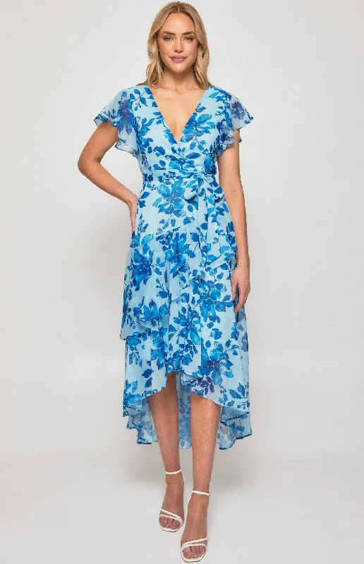 AJOY FLORAL CHIFFON TIERED FRILL HEM MIDI DRESS BLUE