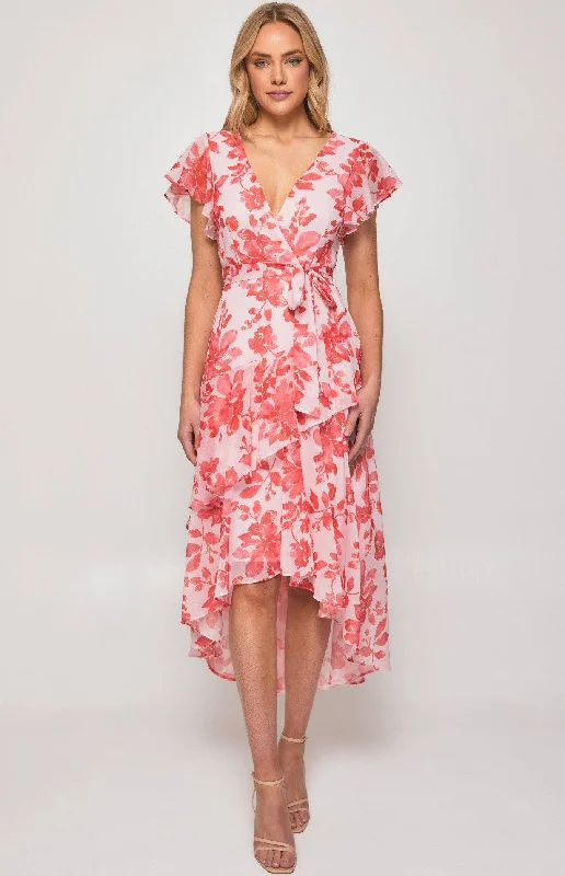 AJOY FLORAL CHIFFON TIERED FRILL HEM MIDI DRESS PINK