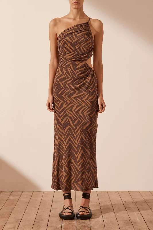ALENE SILK ASYMMETRICAL MIDI DRESS Stylish Midi Dress with Cuffs