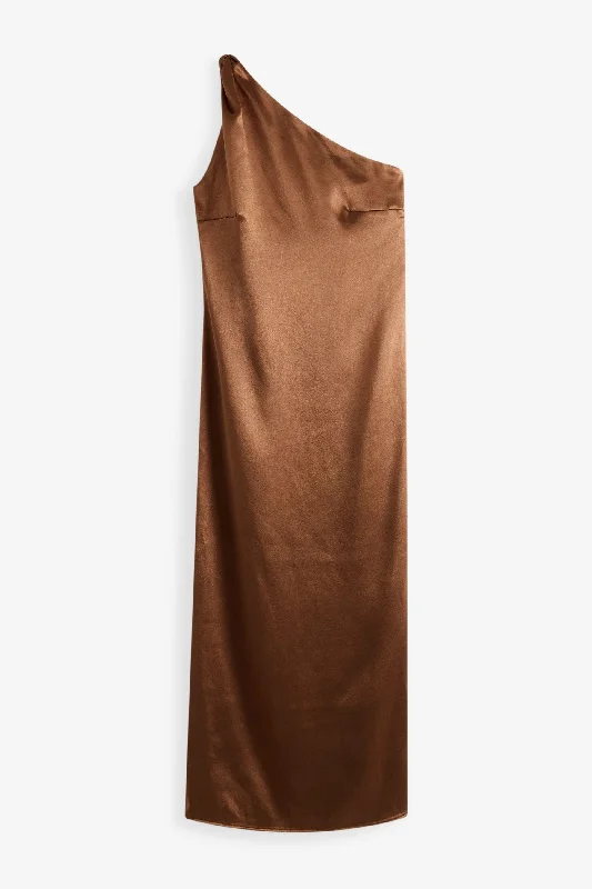 Brown Rochelle Satin One Shoulder Midi Dress