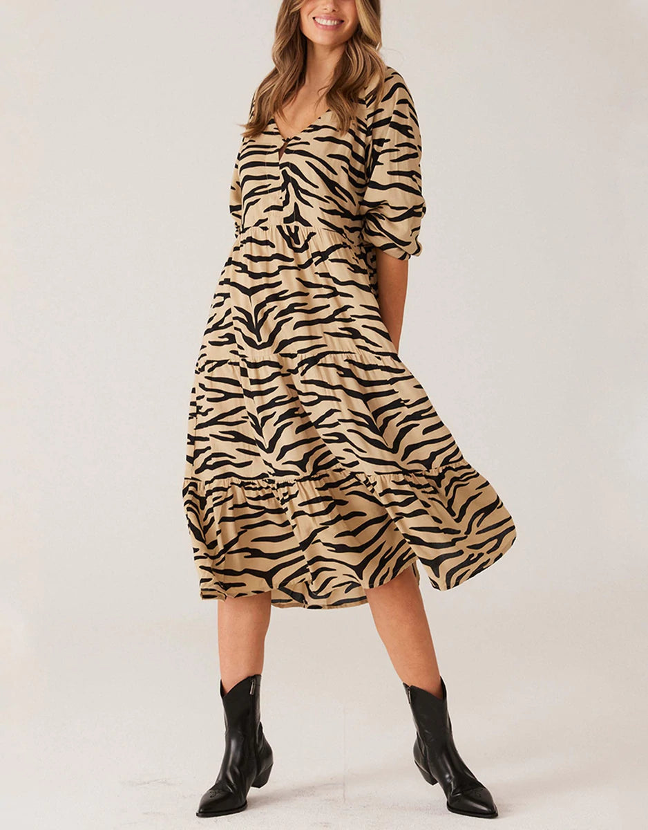 CARTEL & WILLOW CALI MIDI DRESS ZEBRA TAUPE