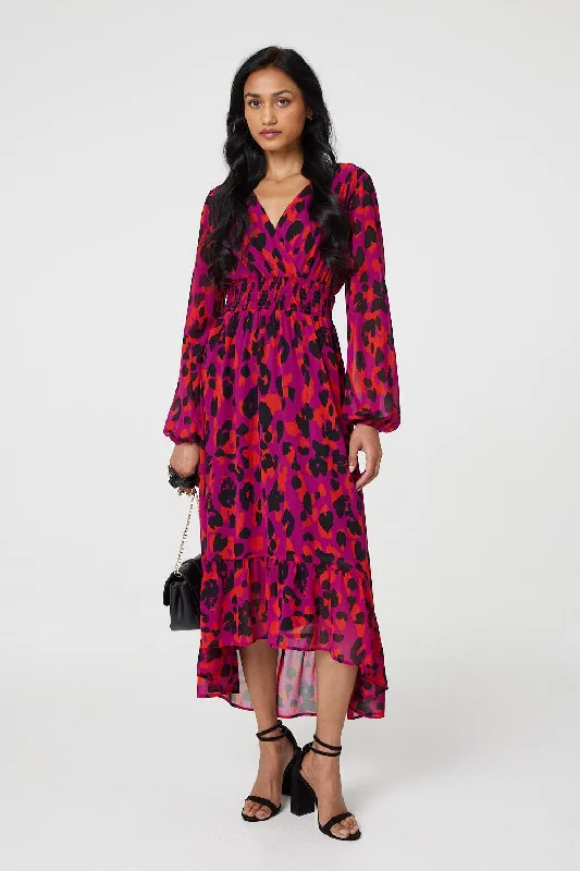 Animal Print V-Neck Curve Hem Midi Dress Comfortable Ruched Midi Dress