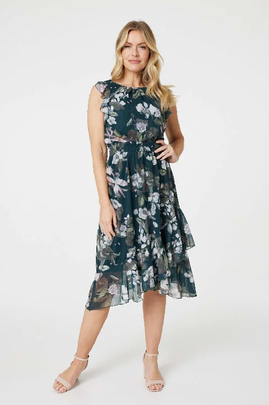 Floral Frill Shirred Midi Dress Comfortable Geometric Print Midi Dress