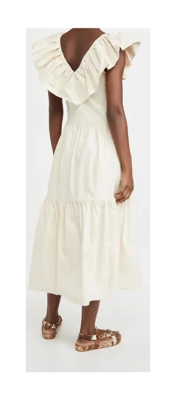 English Factory Women's Ruffled Neck Sleeveless MIDI Dress, S, Beige Cozy Ribbed Knit Midi Dress