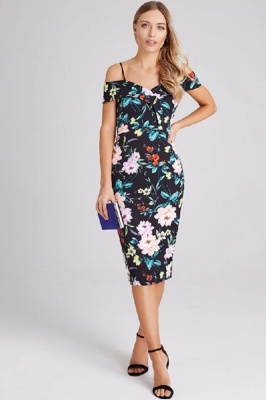 Floral Print Foldover Bardot Bodycon Midi Dress