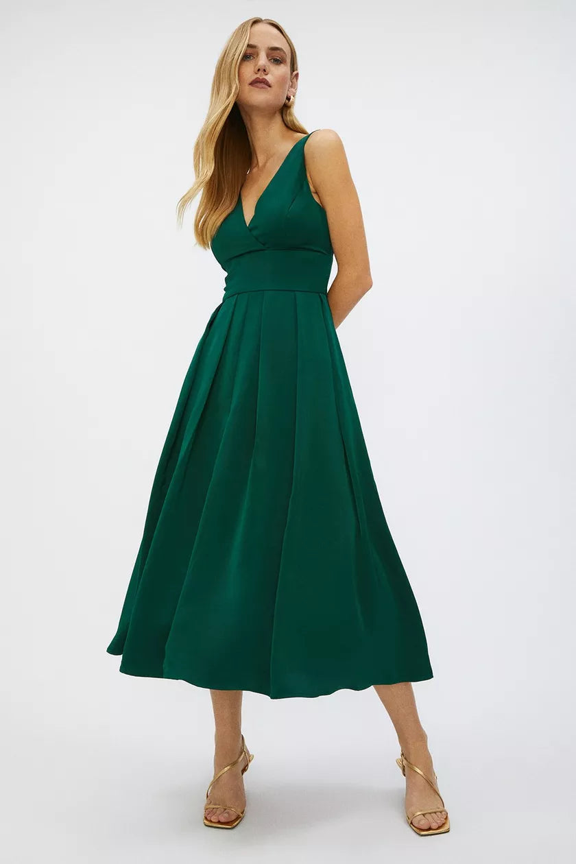 Full Skirted Satin Midi Dress Green