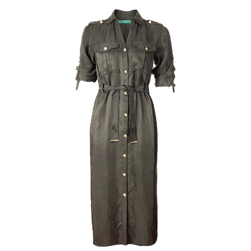 Holland Cooper Ladies Military Midi Dress Trendy Off-Shoulder Button Midi Dress