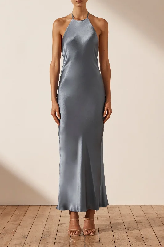 LA LUNE LOW BACK HALTER NECK MIDI DRESS - BLUE SMOKE Fashionable Casual Midi Dress
