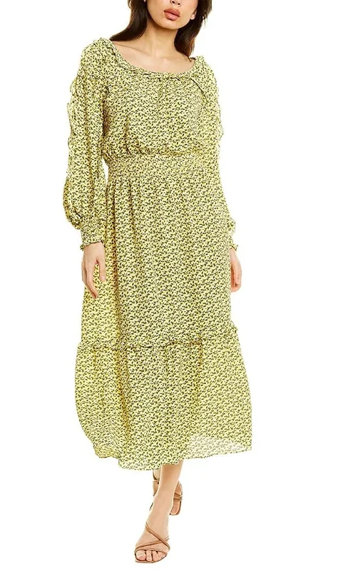 Max Studio Women's Crepe Midi Dress, Cream/Yellow Buds, S Trendy Long Sleeve Midi Dress