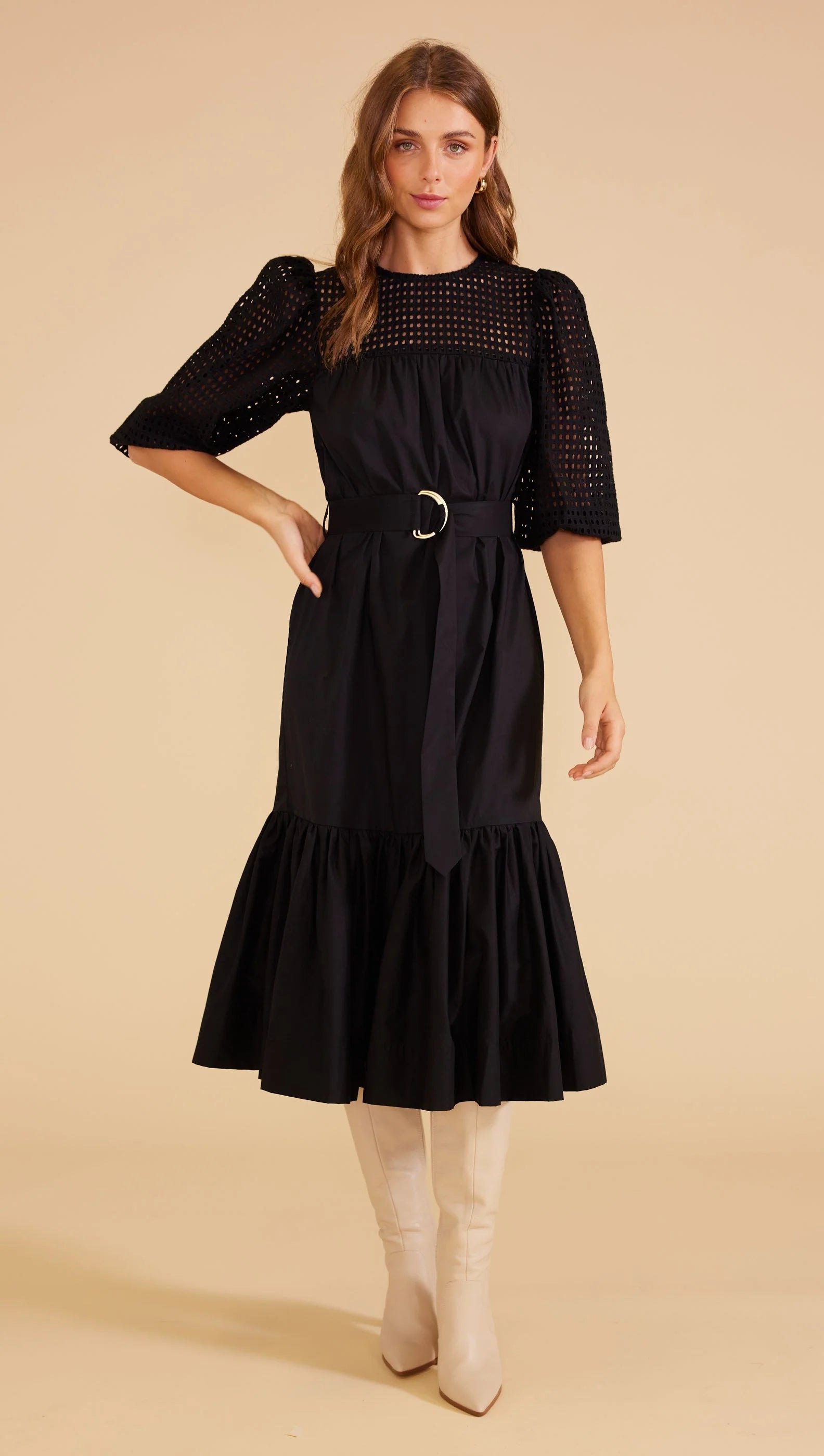 MINK PINK LUCIA BELTED MIDI DRESS BLACK