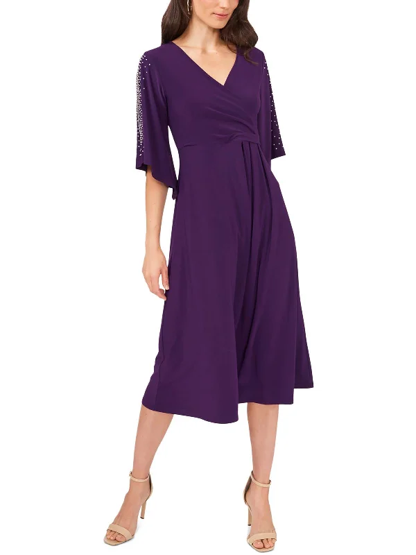 Petites Womens Fauxwrap Calf Midi Dress