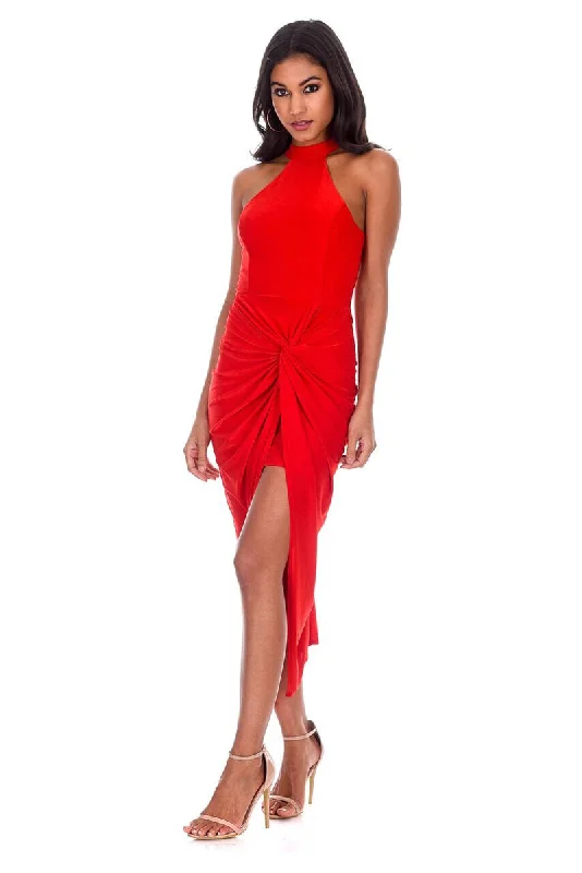 Red Ruched Wrap Midi Dress