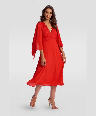 Red Wide Sleeve Midi Dress