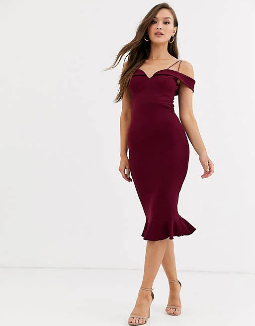 Strappy Bardot Midi Dress Burgundy