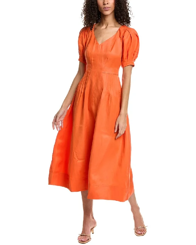 Ted Baker Fit & Flare Puff Sleeve Linen-Blend Midi Dress