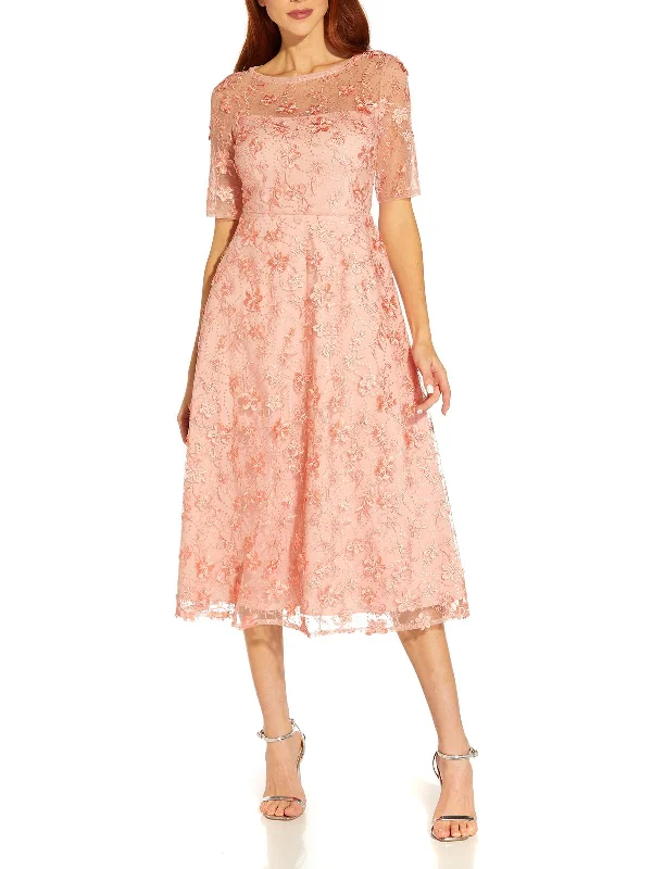 Womens Embroidered Calf Midi Dress