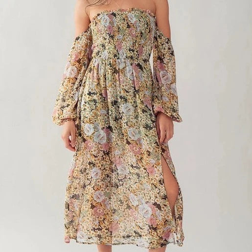 Women's Floral Off The Shoulder Midi Dress in Multi Sage Pink