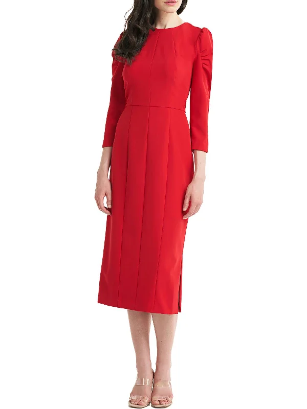 Womens Puff Sleeves Calf Midi Dress