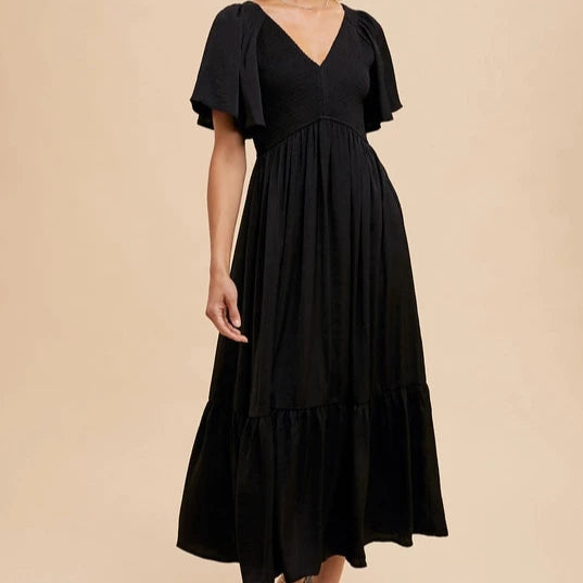 Women's Smocked Satin Midi Dress in Black