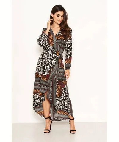 Zebra Mixed Print Wrap Midi Dress