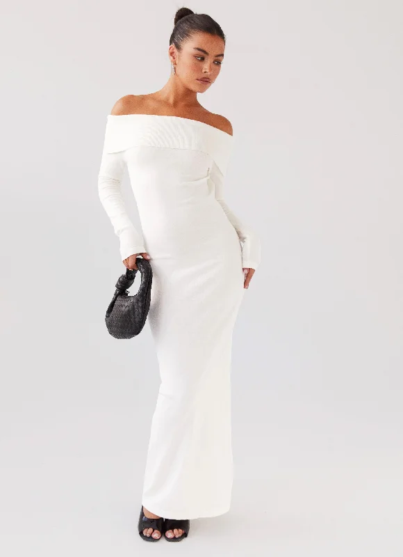 Alexandra Off Shoulder Knit Maxi Dress - Ivory Comfortable Satin Maxi Dress