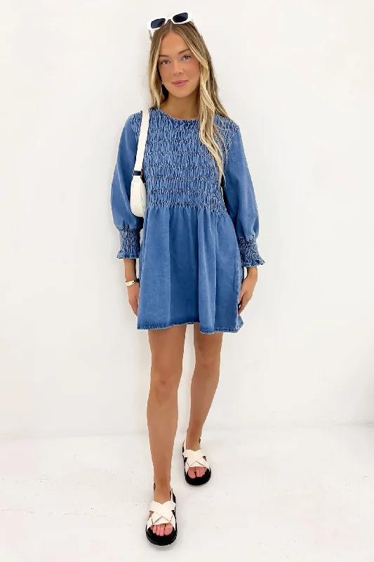 Amalia Denim Mini Dress Mid Blue Elegant Satin Mini Dress