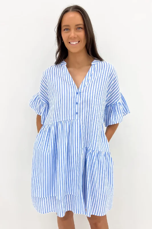 Amirah Mini Dress Blue Stripe Comfortable Ruffle Mini Dress