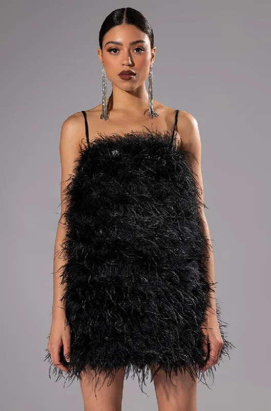 ANYTHING AND EVERYTHING STRAPLESS FEATHER MINI DRESS