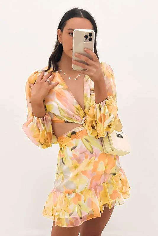 Audrina Mini Dress Yellow Multi Comfortable Zip-Up Mini Dress