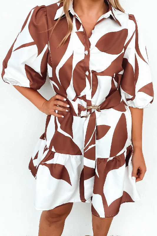 Ayden Mini Dress Mocha White Swirl Casual Button-Up Mini Dress