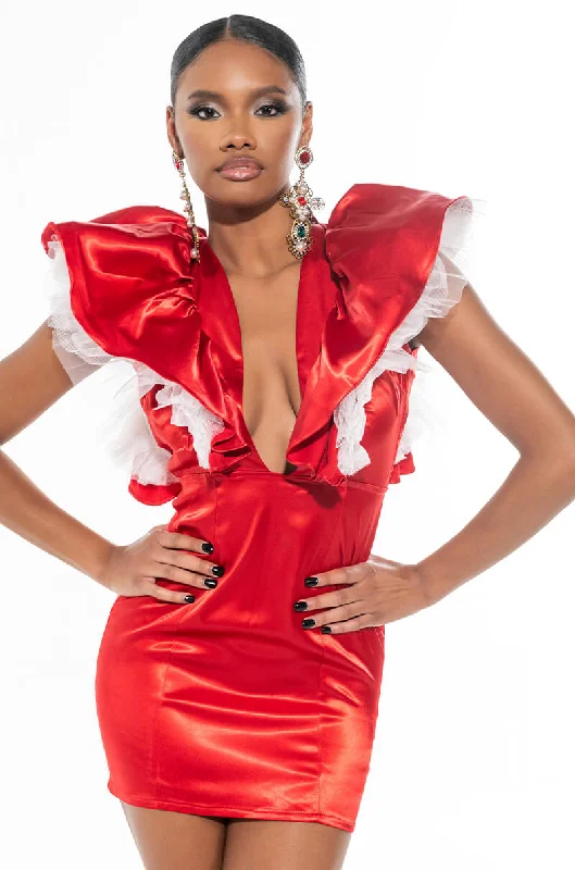 BACKOFF POWER SHOULDER SATIN MINI DRESS RED