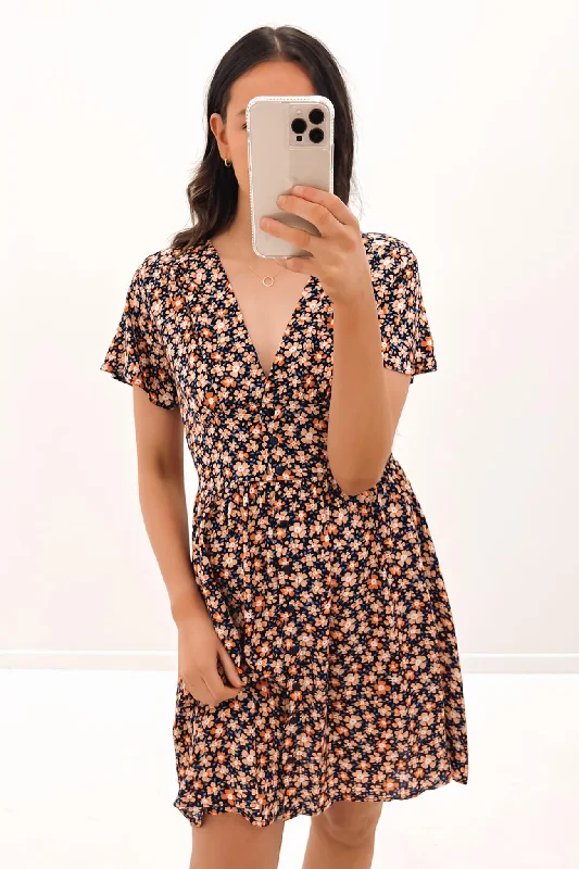 Bertie Mini Dress Orange Navy Floral Trendy Bodycon Mini Dress