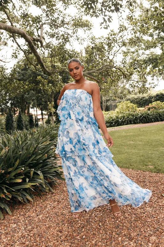 Bloom Strapless Maxi Dress - Blue White Floral Trendy Floral Print Maxi Dress