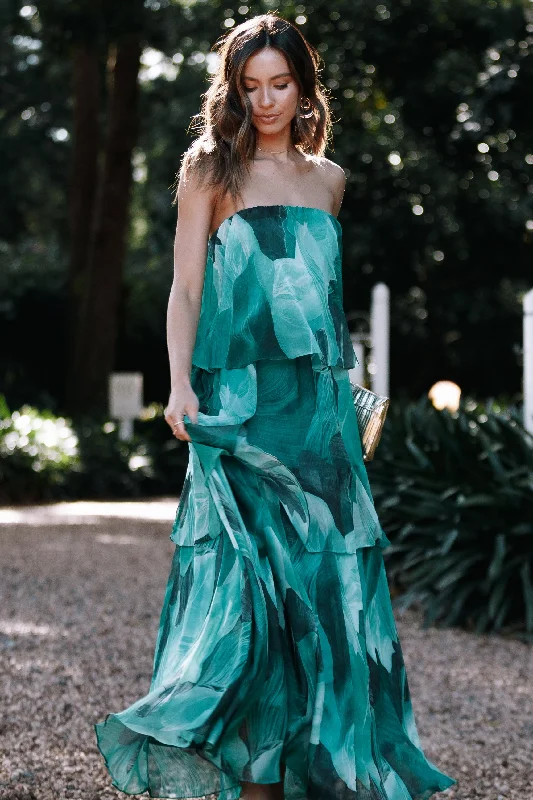 Bloom Strapless Maxi Dress - Green Floral Trendy Satin Maxi Dress