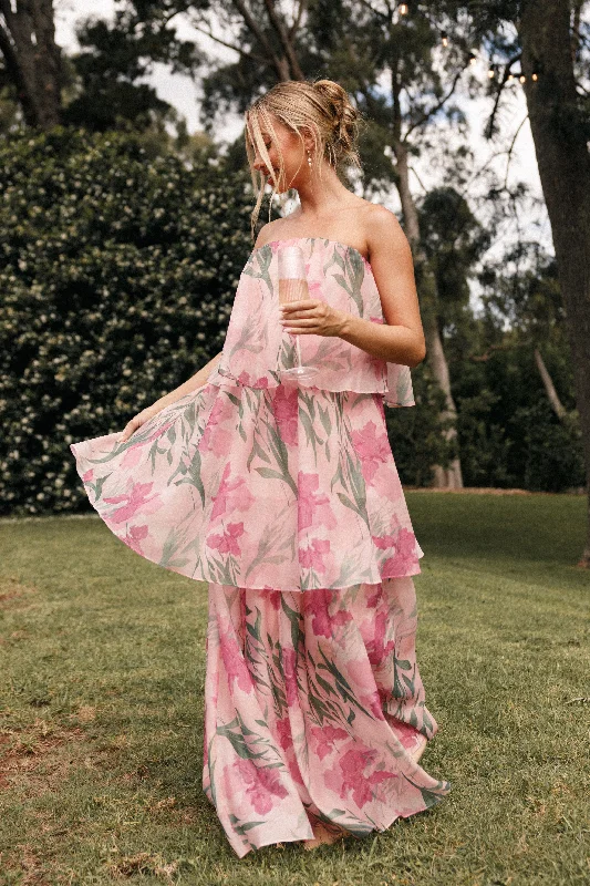 Bloom Strapless Maxi Dress - Pink Floral Fashionable Sheer Maxi Dress