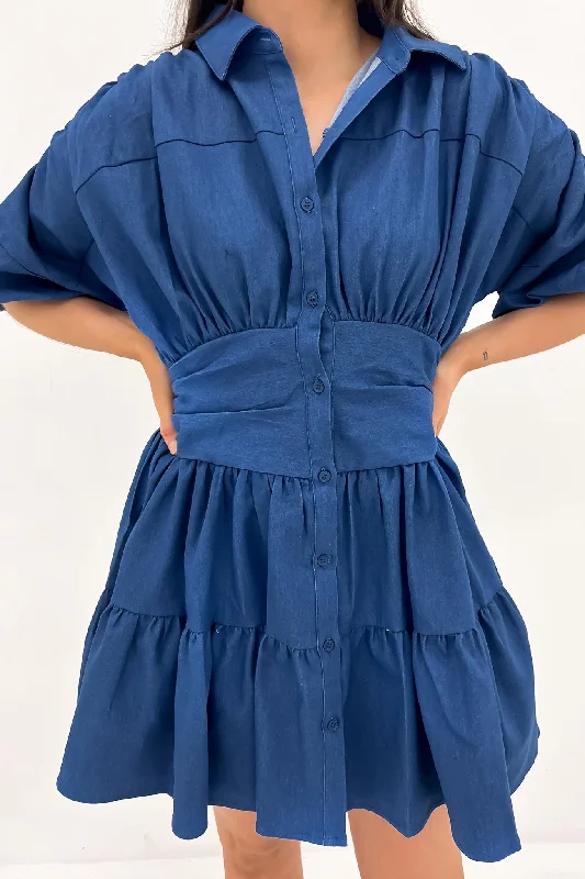 Cambri Denim Mini Dress Blue Fashionable Mini Dress with Slits