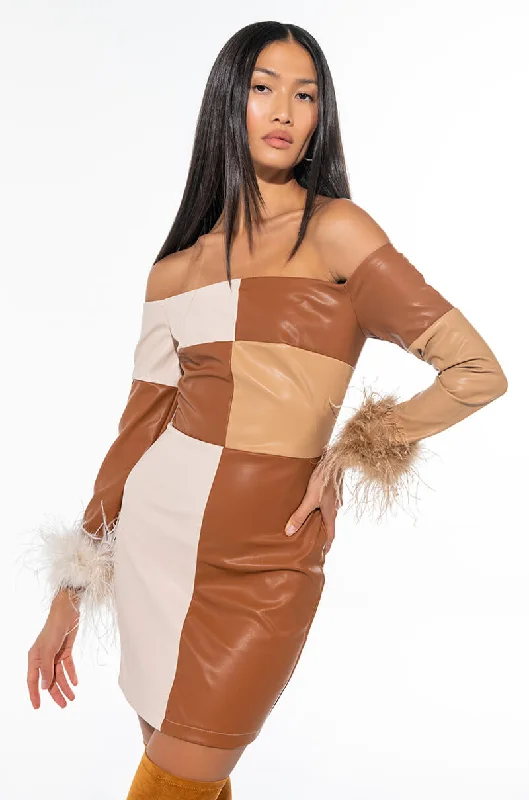 CHECK HER OUT REAL FEATHER PU MINI DRESS