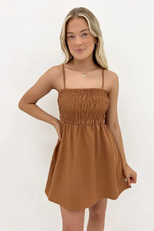 Classic Shirred Mini Dress Caramel Stylish Button-Down Mini Dress