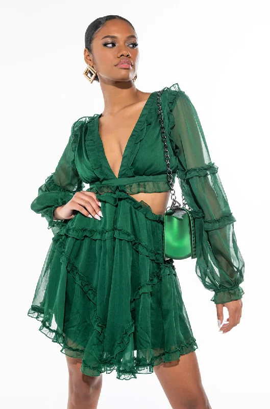 COCKTAIL HOUR CHIFFON MINI DRESS HUNTER GREEN