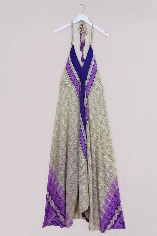 SALE Eden Halter Maxi Dress - Vintage Sari - Amethyst & Ivory Stripe - Free Size S to L Elegant Wraparound Maxi Dress SALE Eden Halter Maxi Dress - Vintage Sari - Amethyst & Ivory Stripe - Free Size S to L Elegant Wraparound Maxi Dress