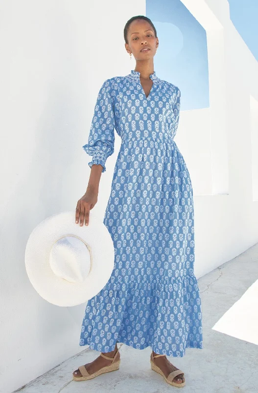 Emmeline Maxi Dress | Blue/White Stylish Pleated A-Line Maxi Dress