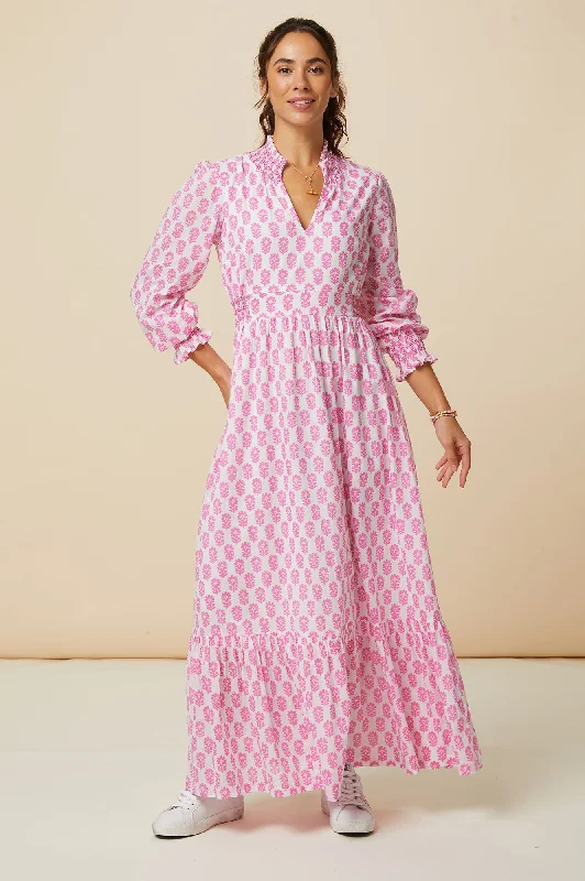 Emmeline Maxi Dress | White/Pink Elegant Maxi Dress with Belt