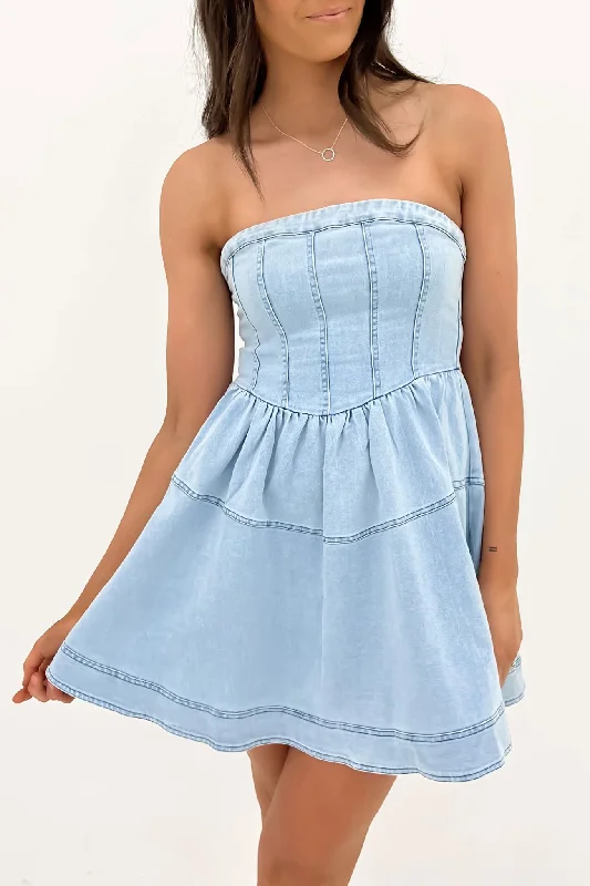Erin Denim Mini Dress Light Blue Stylish Ruffle Mini Dress