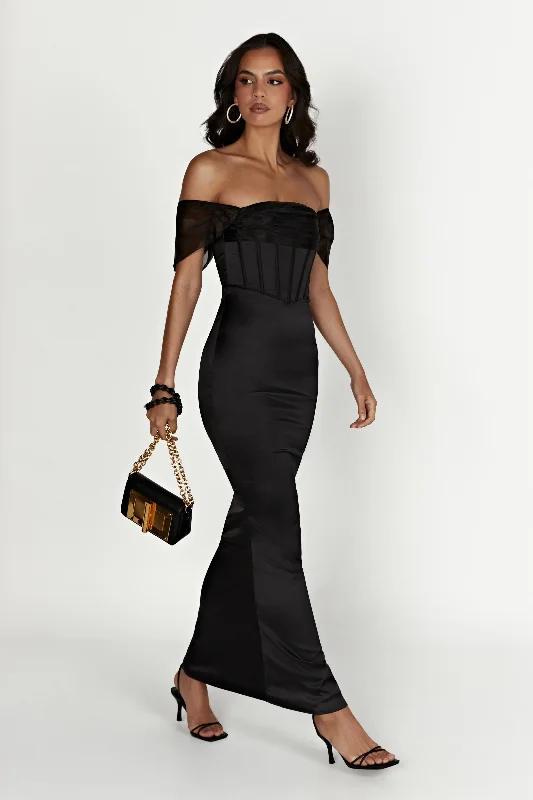 Everly Off Shoulder Organza Satin Maxi Dress - Black Elegant Maxi Dress with Lace