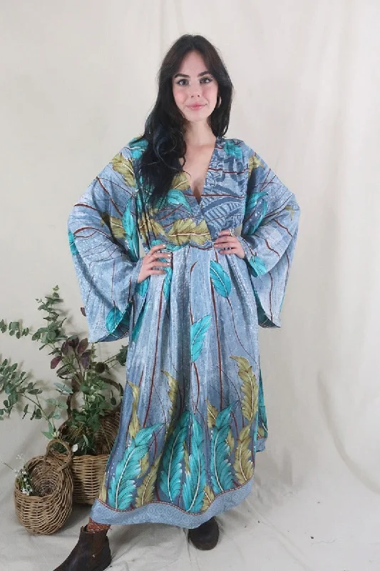 Fleur Bell Sleeve Maxi Dress - Grey Oceanic Plants - Vintage Sari - S - M/L Elegant Velvet Maxi Dress Fleur Bell Sleeve Maxi Dress - Grey Oceanic Plants - Vintage Sari - S - M/L Elegant Velvet Maxi Dress