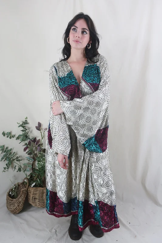 Fleur Bell Sleeve Maxi Dress - White Gold Waves & Teal Paisley - Vintage Sari - S - M/L Trendy Satin Maxi Dress Fleur Bell Sleeve Maxi Dress - White Gold Waves & Teal Paisley - Vintage Sari - S - M/L Trendy Satin Maxi Dress