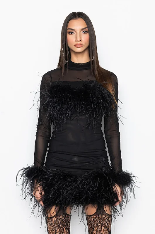 FLOAT AWAY REAL FEATHER MESH MINI DRESS BLACK