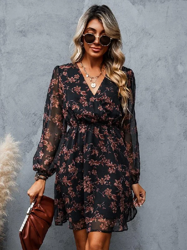 Floral Chiffon Mini Dress Cozy Wraparound Mini Dress