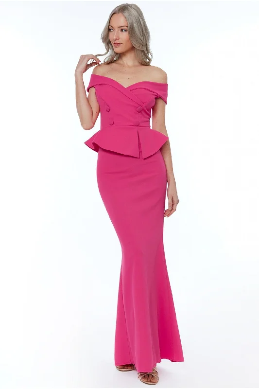 Goddiva Bardot Crossover Maxi Dress - Cerise Comfortable Fitted Maxi Dress